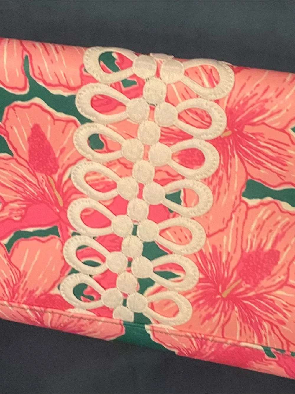 Lilly Pulitzer Hibiscus Kiss envelope pouch pink with gold trim clutch